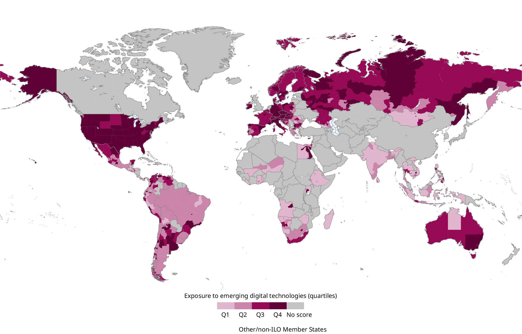 A world map places each subnational administrative level into one quartile for exposure. Some countries have no available data. The map reveals that exposure to digital technologies is highly concentrated in specific parts of the world.