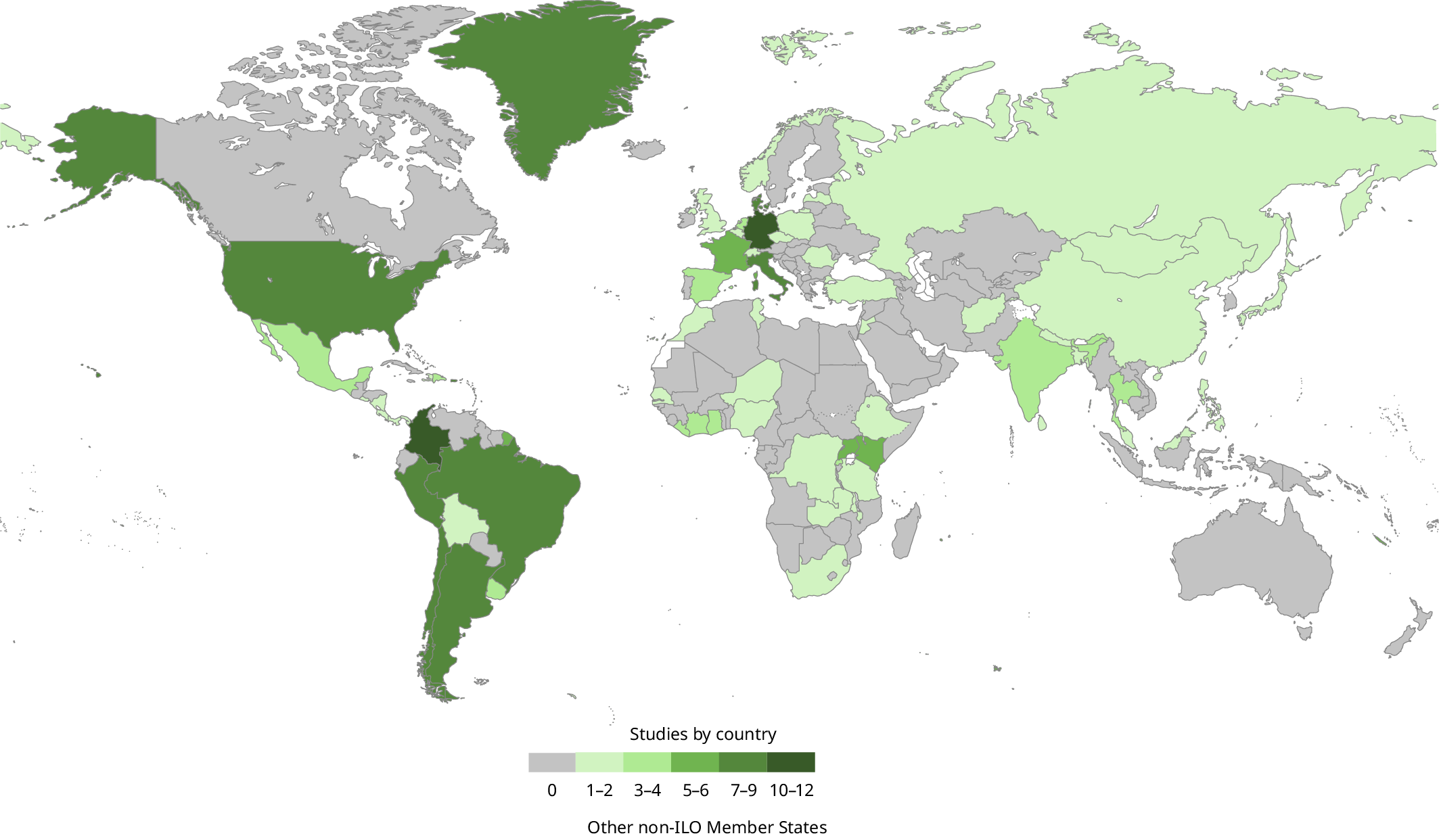 A world map shows the number of impact evaluation studies conducted in each country of the sample. Countries are shaded in five tiers, on a scale from 1 to 12. The map shows a comprehensive geographical coverage of countries from several income levels. The highest number of evaluations were conducted in Latin America, particularly in Colombia (12 studies), and in high-income countries like Germany (11 studies), and the United States (9 studies). Other countries with a high concentration of studies include Argentina, Chile, and Denmark (8 studies each). The analysis also includes evaluations from countries in Asia and Africa, such as Uganda (6 studies) and Kenya (5 studies).