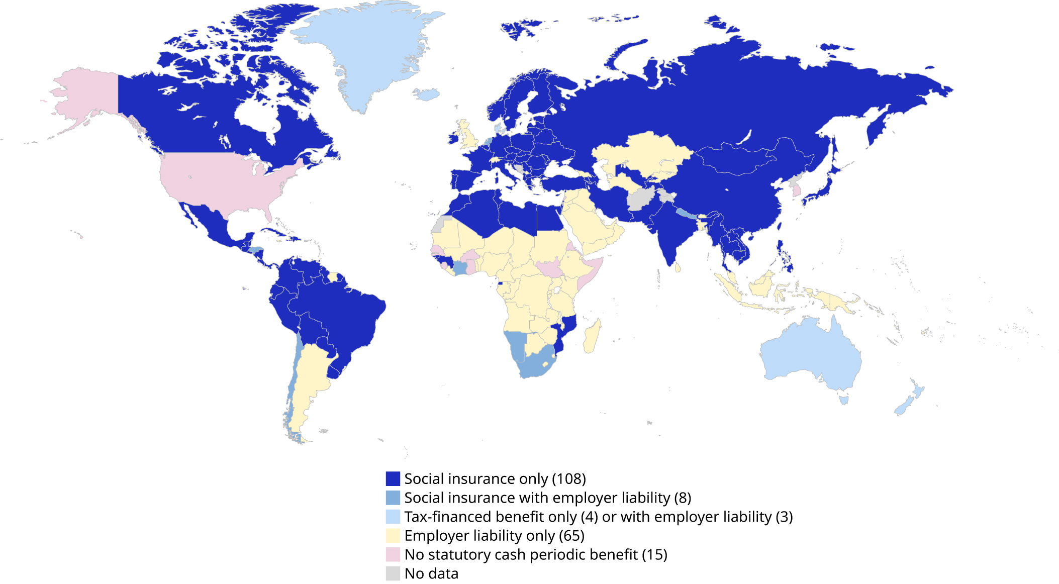 A map shows the type of sickness benefit in each country. 